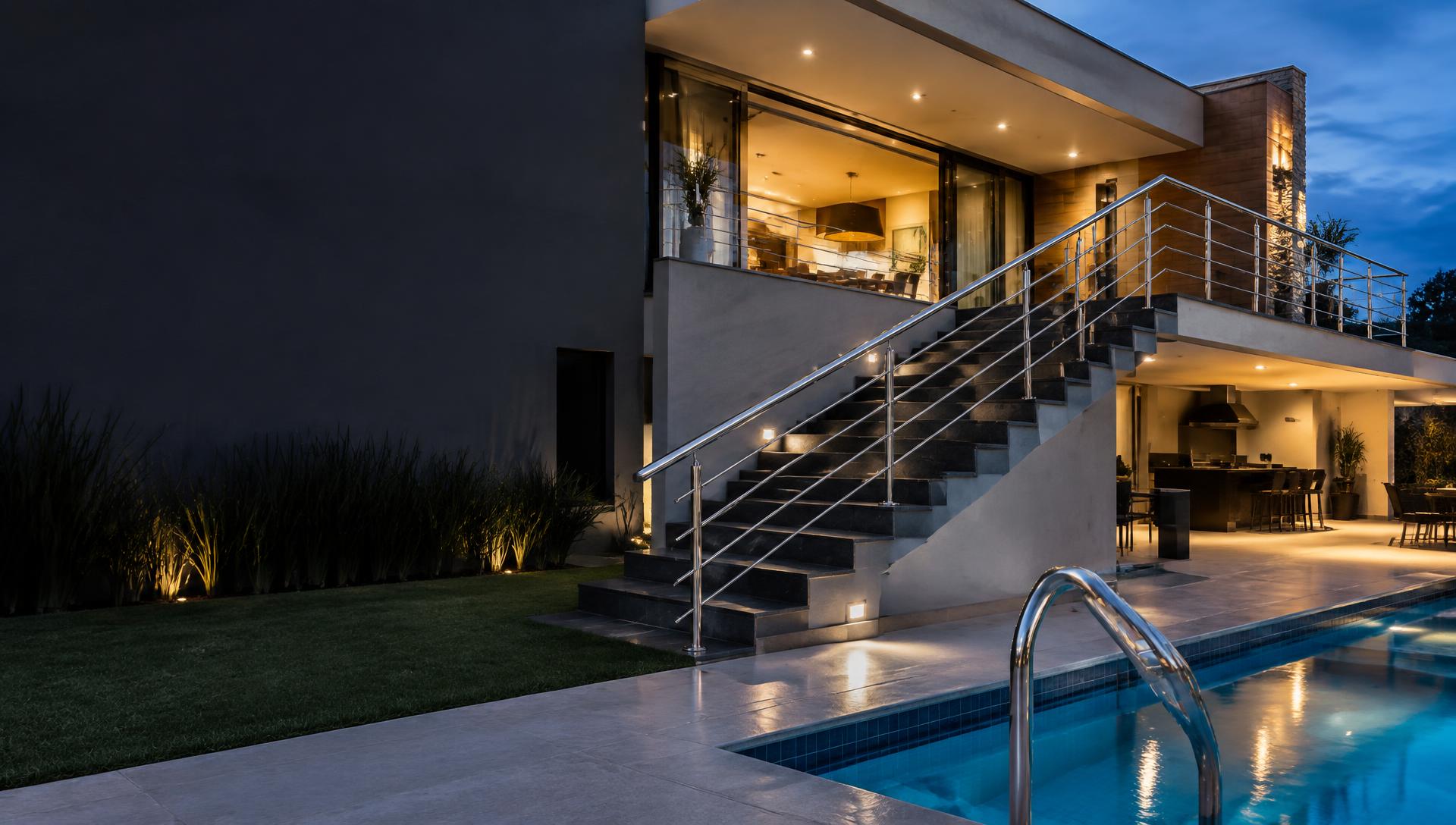 Arquitetura contemporânea com guarda-corpos, corrimãos em aço inox e piscina — imagem ilustrativa