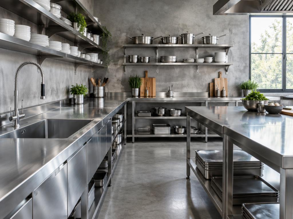 Bancadas, pias e prateleiras ilustrativas em inox para cozinha profissional